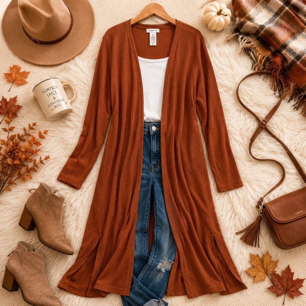 Tickled Teal Womens Medium Rust Waffle Knit Duster Cardigan Open Front Long Slit